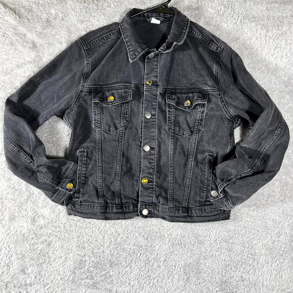 H&M Trucker Jacket‎ Mens Large Black Denim Cotton Stretch Button Front Outerwear